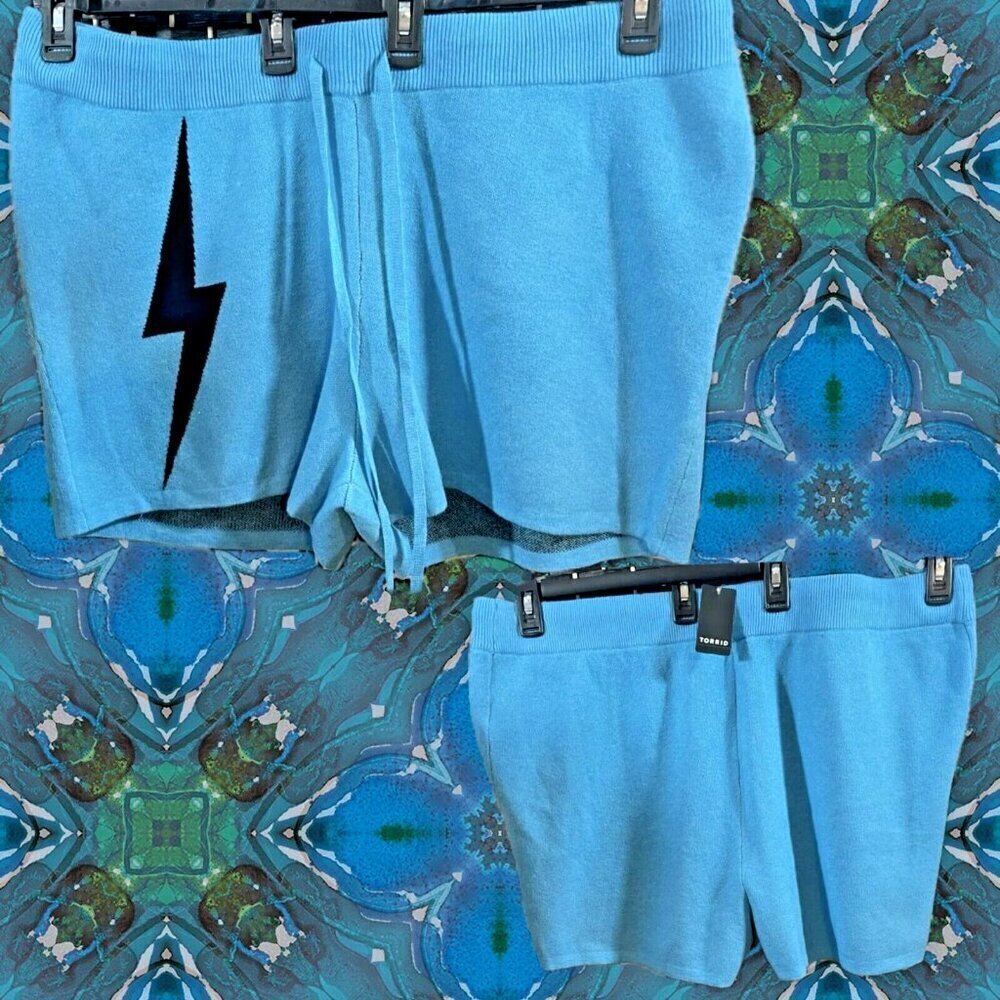 Lovesick Plus 5 Teal Blue Lightning Bolt Graphic Drawstring Waist Sweater Shorts